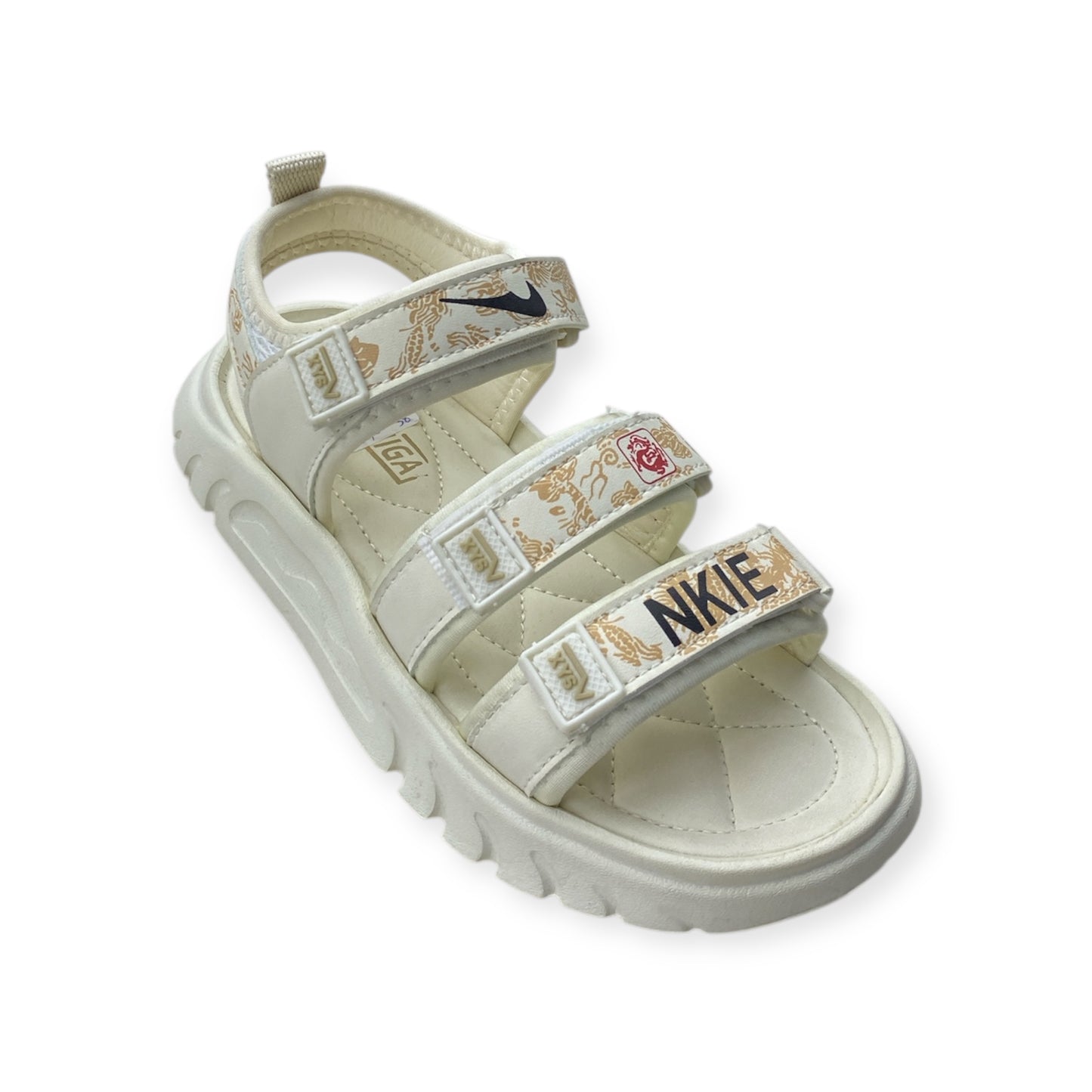 Imported Sandals with Dragon Motif, Velcro Straps & Quilted Comfort