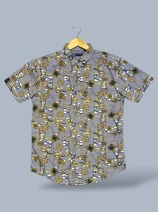 Men’s Nautical Print Casual Short Sleeve Shirt with Stripes and Chains