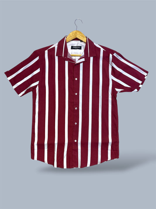 Men’s Maroon & White Vertical Stripe Short Sleeve Casual Shirt