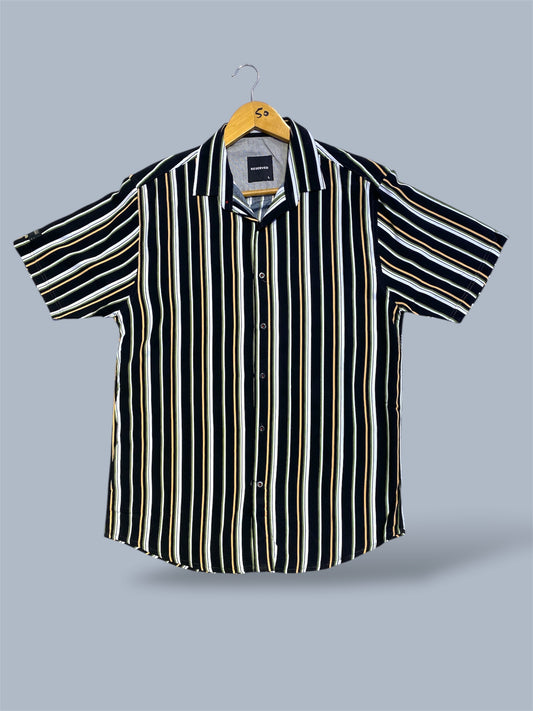 Men’s Black Short Sleeve Casual Shirt with Yellow & White Vertical Stripes