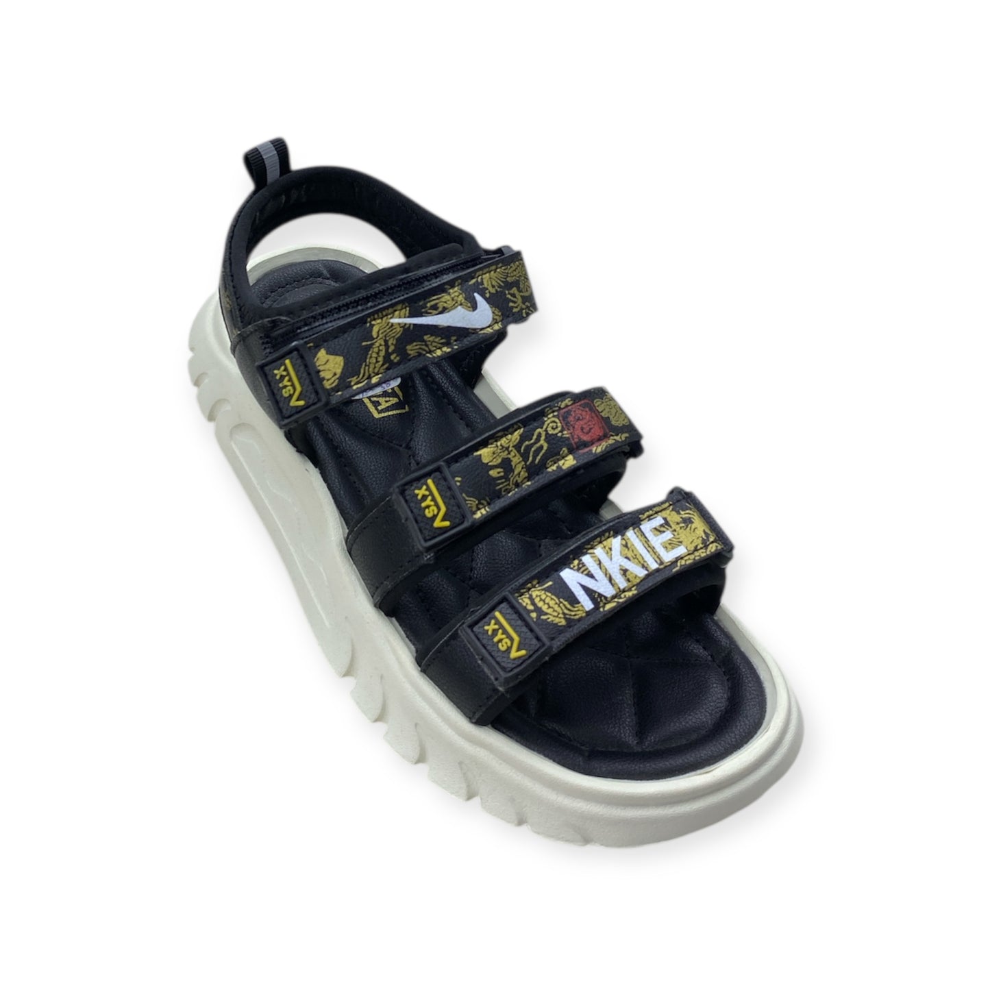 Imported Sandals with Dragon Motif, Velcro Straps & Quilted Comfort