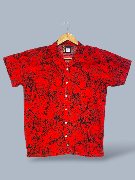 Red Short Sleeve Button-Up Shirt with Black Abstract Tree Print